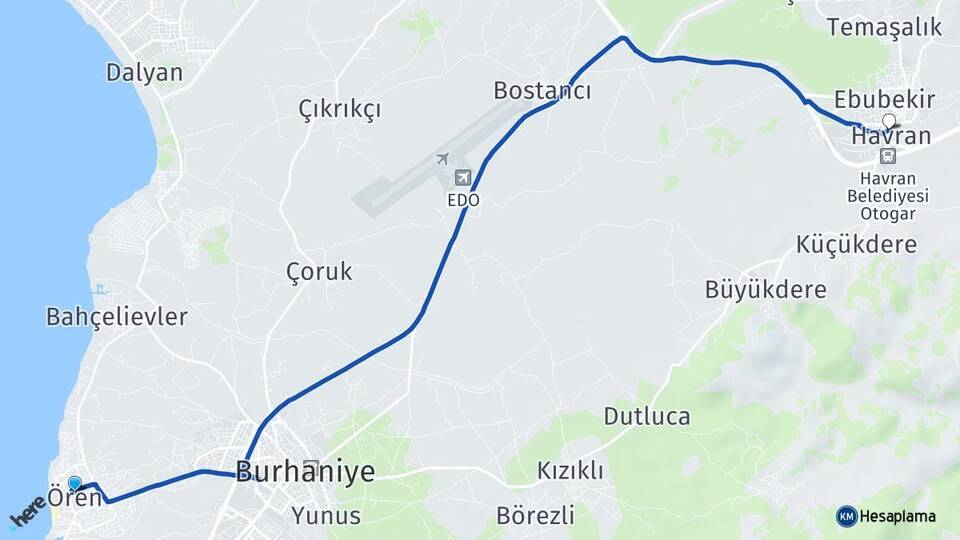 Balıkesir Burhaniye Ören Havran Arası Kaç Km - Yol Haritası