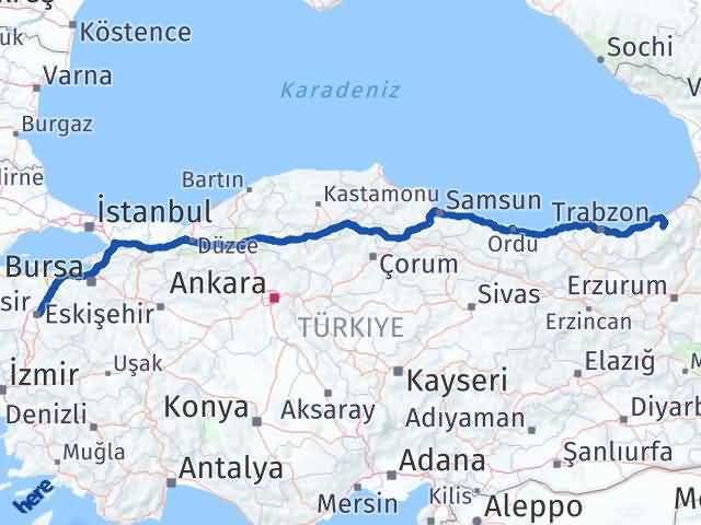 Balıkesir Çamlıhemşin Rize Arası Kaç Km - Yol Haritası