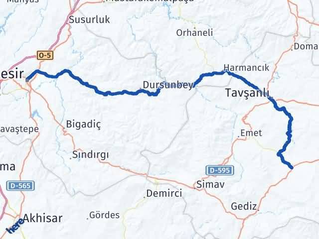 Balıkesir Çavdarhisar Kütahya Arası Kaç Km - Yol Haritası