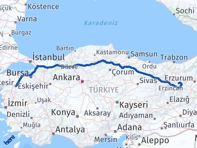 Balıkesir Çayırlı Erzincan Arası Kaç Km - Yol Haritası