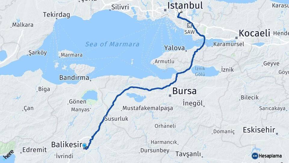 Balıkesir Çekmeköy İstanbul Arası Kaç Km - Yol Haritası