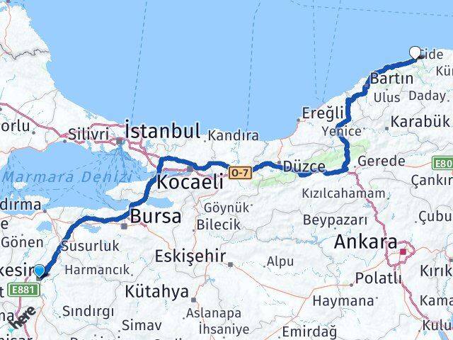 Balıkesir Cide Kastamonu Arası Kaç Km - Yol Haritası