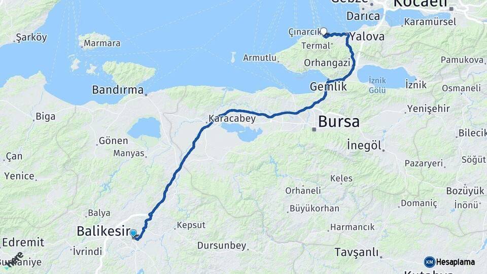 Balıkesir Çınarcık Yalova Arası Kaç Km - Yol Haritası