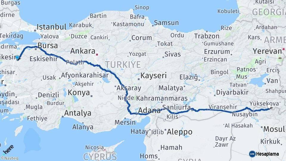 Balıkesir Çukurca Hakkari Arası Kaç Km - Yol Haritası