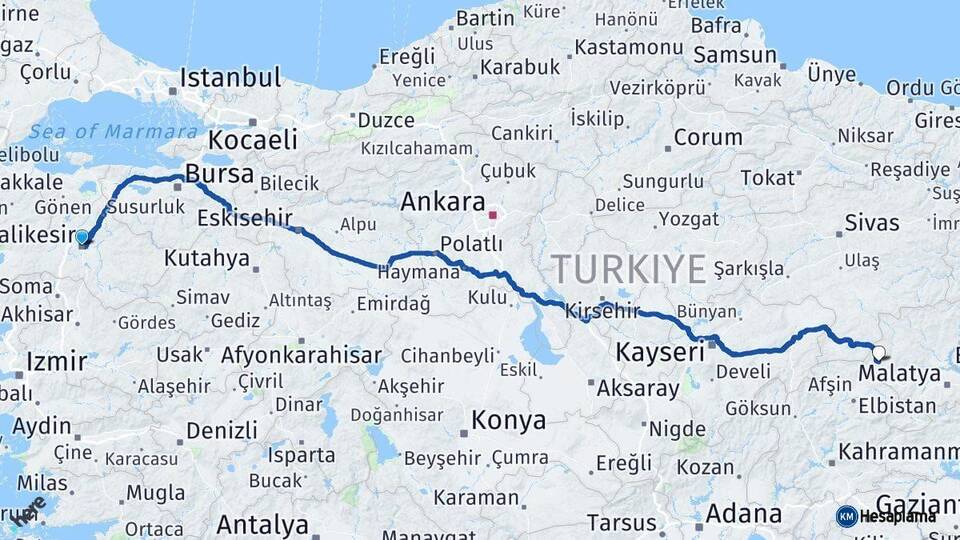 Balıkesir Darende Malatya Arası Kaç Km - Yol Haritası