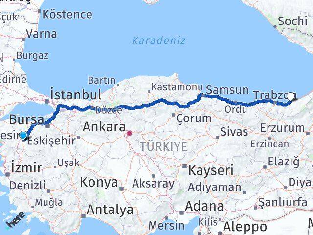 Balıkesir Derepazarı Rize Arası Kaç Km - Yol Haritası