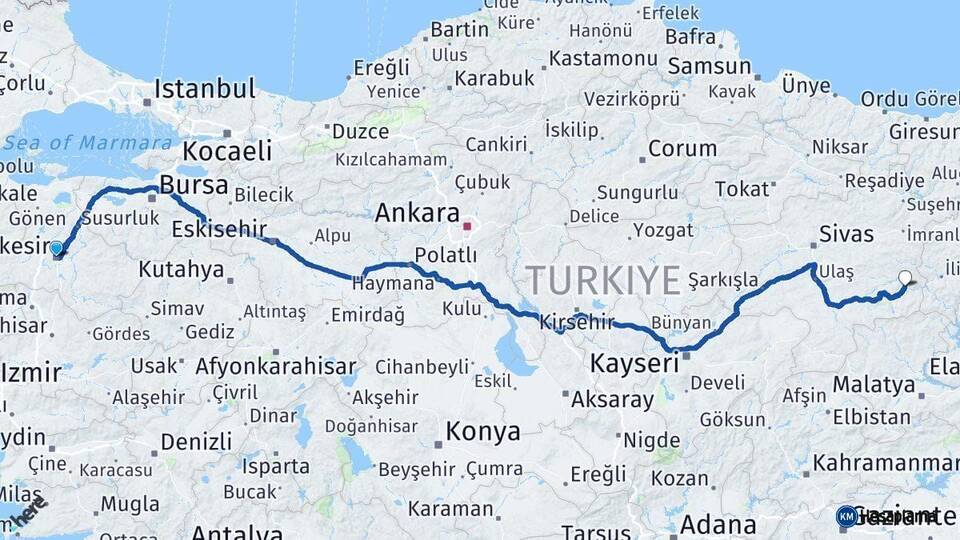 Balıkesir Divriği Sivas Arası Kaç Km - Yol Haritası