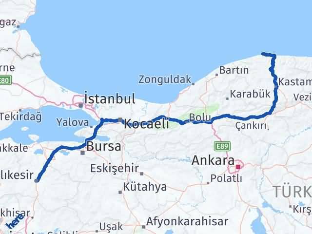 Balıkesir Doğanyurt Kastamonu Arası Kaç Km - Yol Haritası