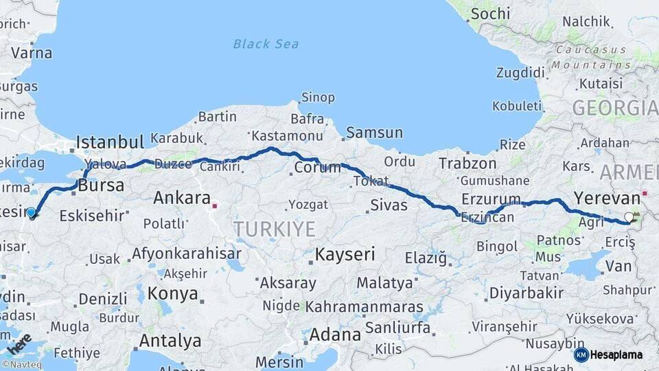 Balıkesir Doğubayazıt Ağrı Arası Kaç Km - Yol Haritası