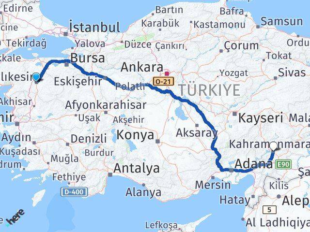 Balıkesir Dulkadiroğlu Kahramanmaraş Arası Kaç Km - Yol Haritası
