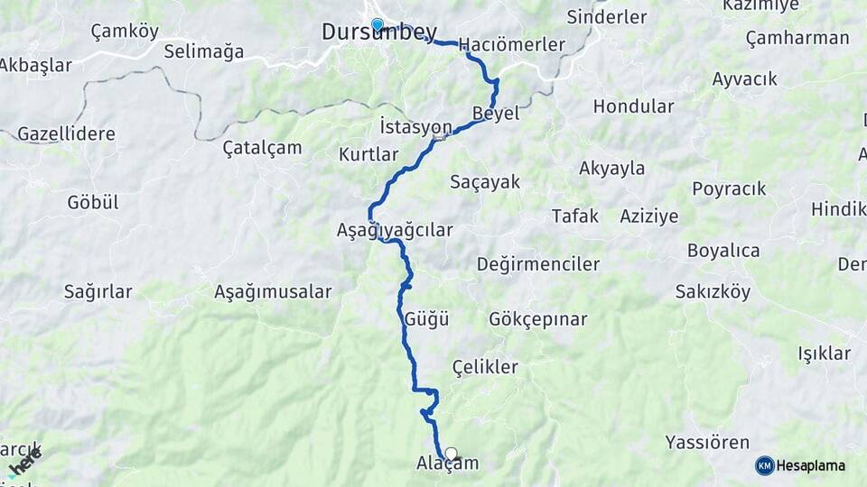 Balıkesir Dursunbey Alaçam Dursunbey Arası Kaç Km - Yol Haritası