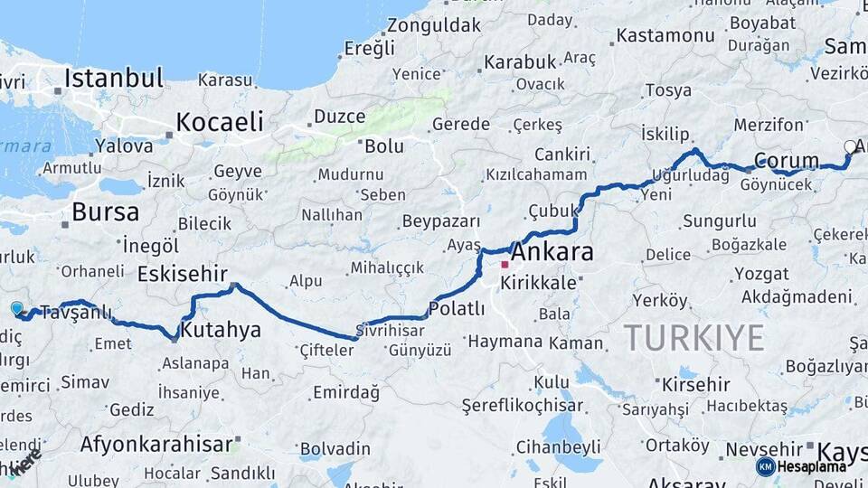 Balıkesir Dursunbey Amasya Arası Kaç Km - Yol Haritası