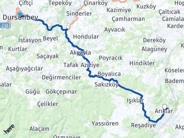 Balıkesir Dursunbey Arıklar Dursunbey Arası Kaç Km - Yol Haritası