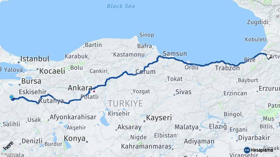 Balıkesir Dursunbey Artvin Arası Kaç Km - Yol Haritası