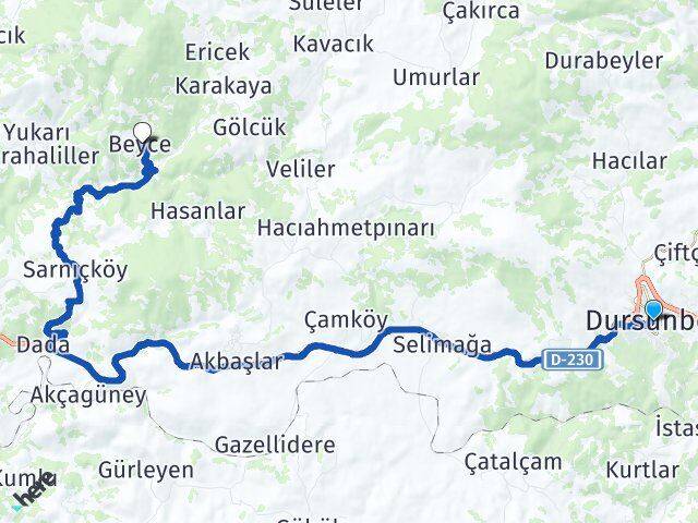 Balıkesir Dursunbey Beyce Dursunbey Arası Kaç Km - Yol Haritası