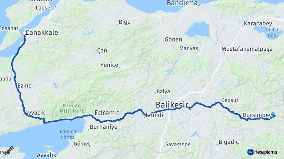 Balıkesir Dursunbey Çanakkale Arası Kaç Km - Yol Haritası