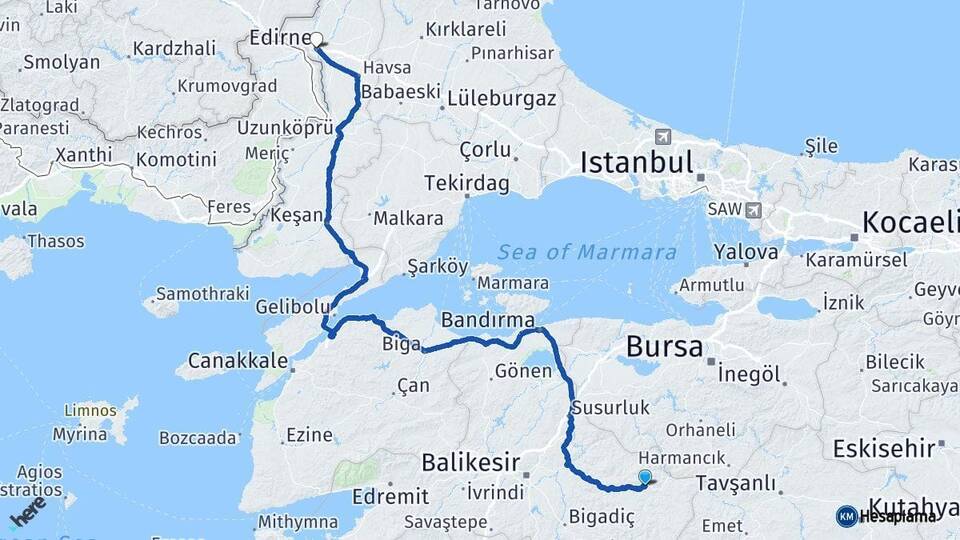 Balıkesir Dursunbey Edirne Arası Kaç Km - Yol Haritası