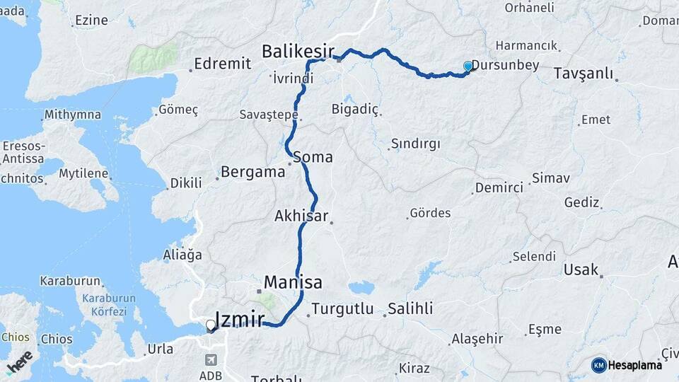 Balıkesir Dursunbey İzmir Arası Kaç Km - Yol Haritası