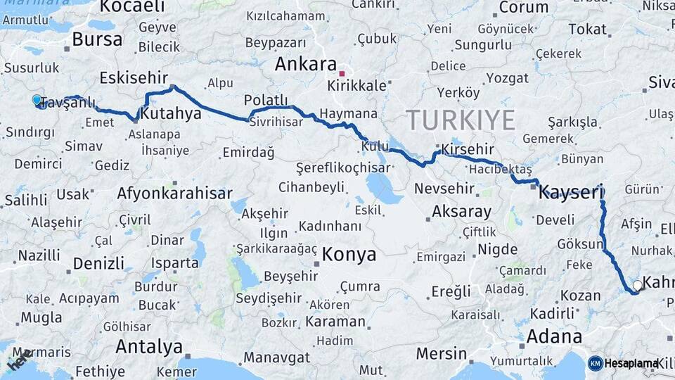 Balıkesir Dursunbey Kahramanmaraş Arası Kaç Km - Yol Haritası