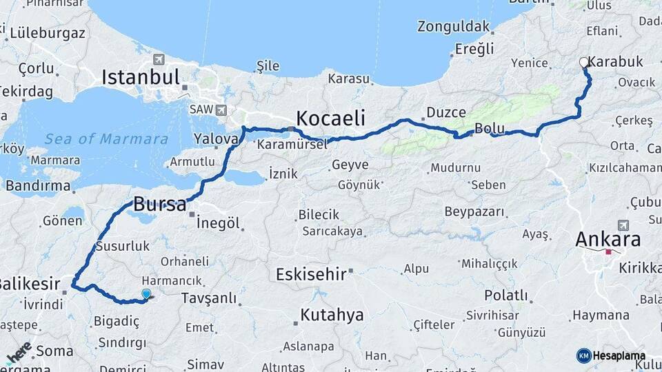 Balıkesir Dursunbey Karabük Arası Kaç Km - Yol Haritası