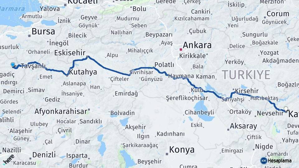 Balıkesir Dursunbey Kayseri Arası Kaç Km - Yol Haritası