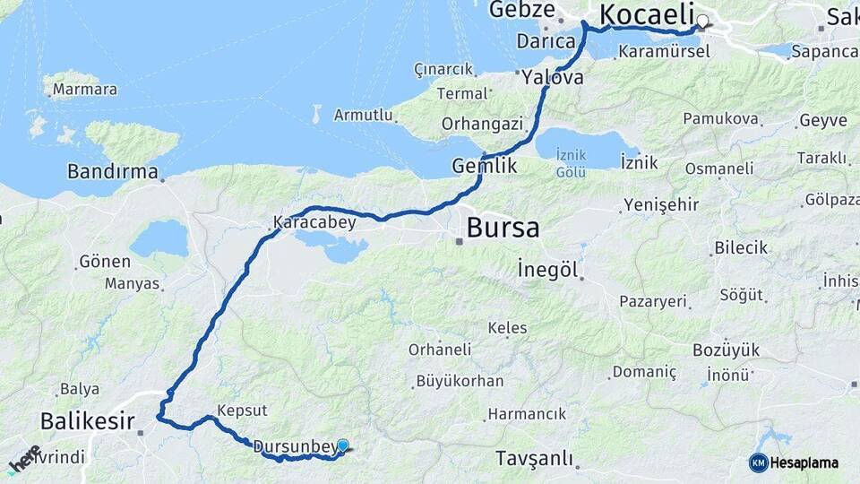 Balıkesir Dursunbey Kocaeli Arası Kaç Km - Yol Haritası