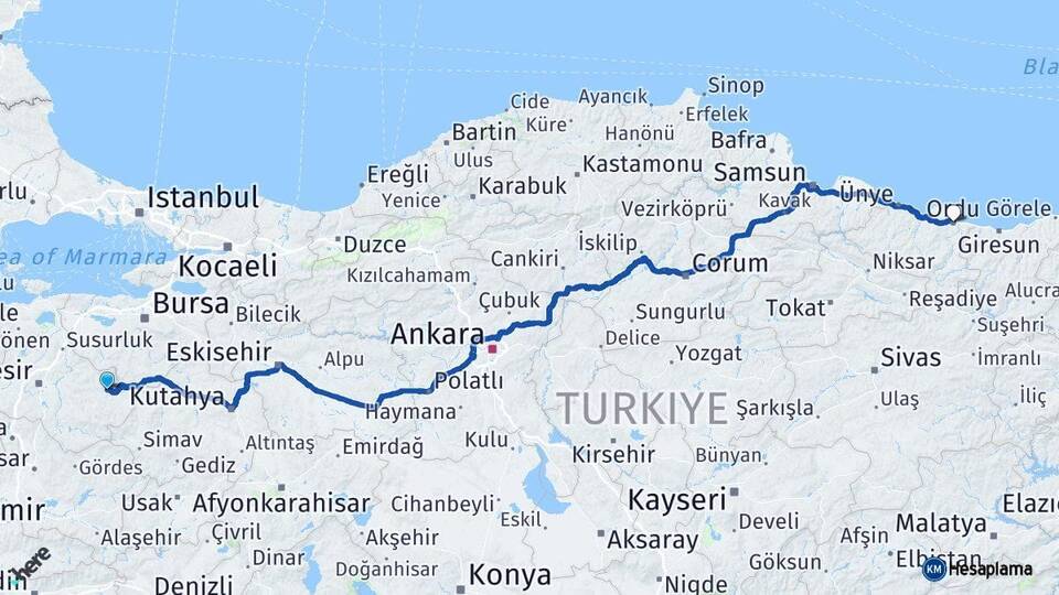 Balıkesir Dursunbey Ordu Arası Kaç Km - Yol Haritası