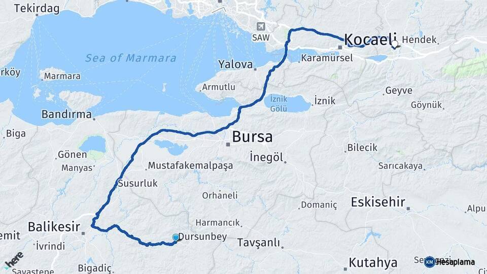 Balıkesir Dursunbey Sakarya Arası Kaç Km - Yol Haritası