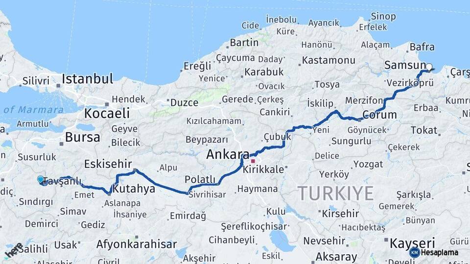 Balıkesir Dursunbey Samsun Arası Kaç Km - Yol Haritası