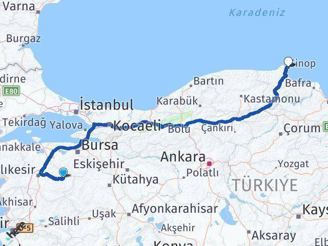 Balıkesir Dursunbey Sinop Arası Kaç Km - Yol Haritası