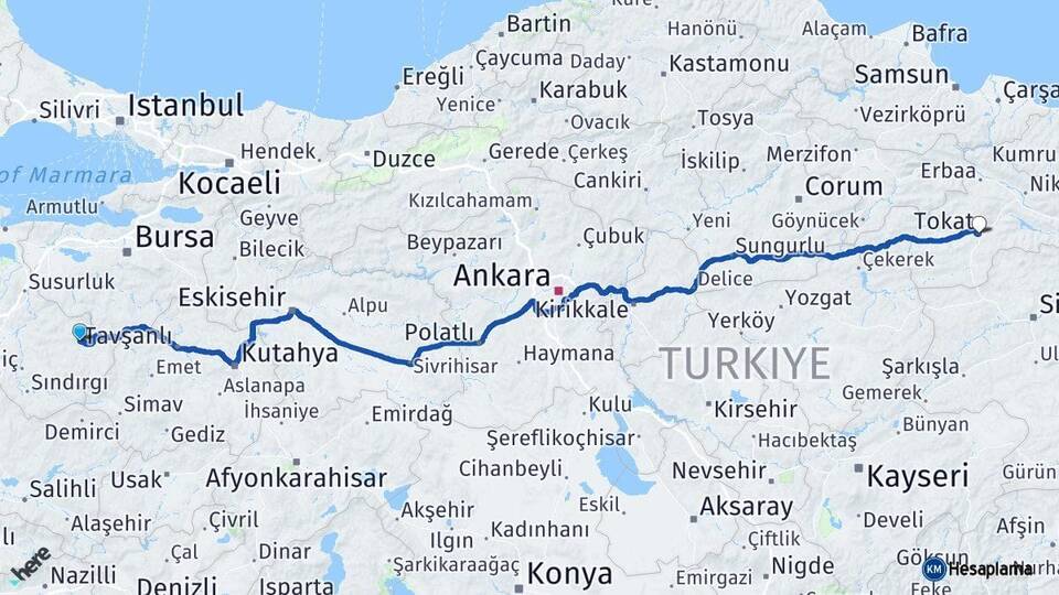 Balıkesir Dursunbey Tokat Arası Kaç Km - Yol Haritası