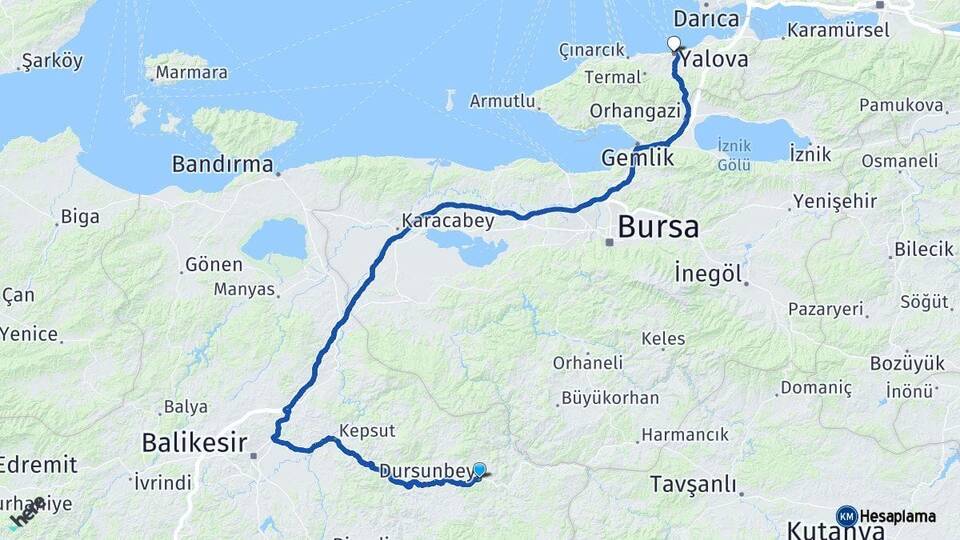 Balıkesir Dursunbey Yalova Arası Kaç Km - Yol Haritası