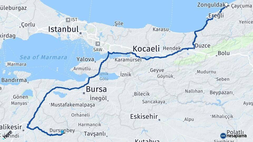 Balıkesir Dursunbey Zonguldak Arası Kaç Km - Yol Haritası