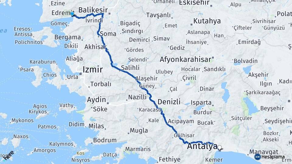 Balıkesir Edremit Akçay Antalya Arası Kaç Km - Yol Haritası