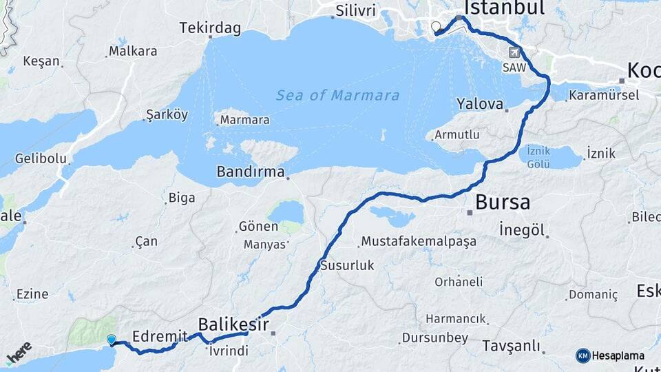 Balıkesir Edremit Akçay Bahçelievler İstanbul Arası Kaç Km - Yol Haritası
