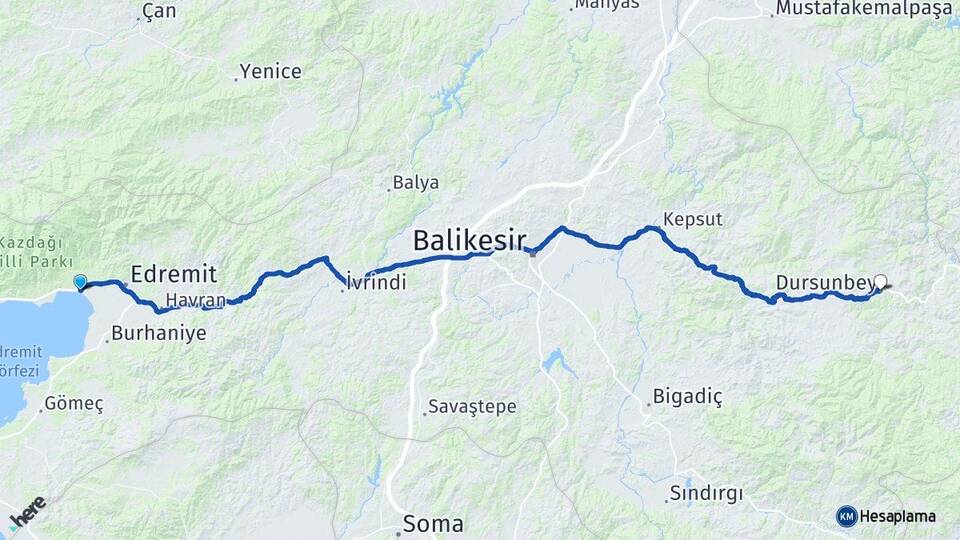Balıkesir Edremit Akçay Dursunbey Arası Kaç Km - Yol Haritası