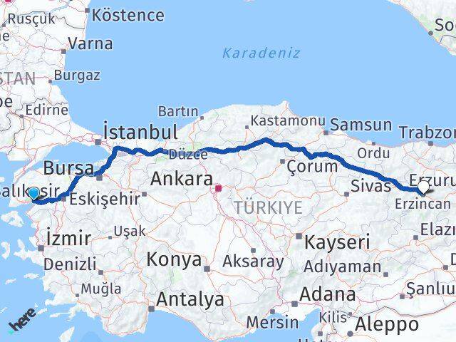Balıkesir Edremit Akçay Erzincan Arası Kaç Km - Yol Haritası