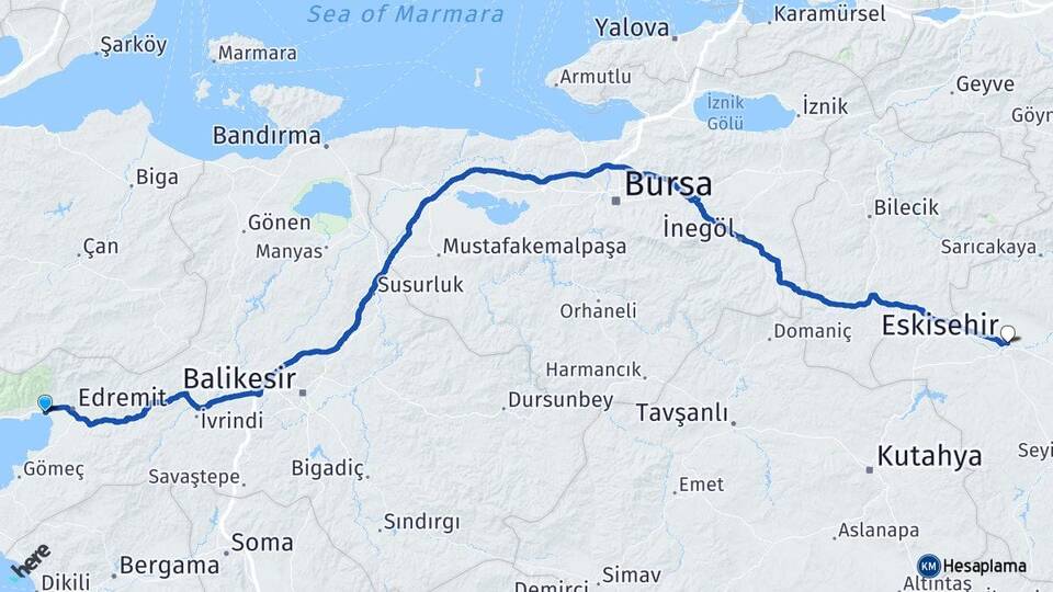 Balıkesir Edremit Akçay Eskişehir Arası Kaç Km - Yol Haritası