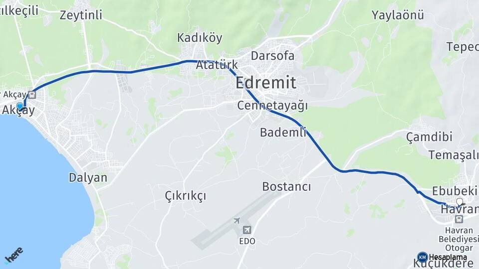 Balıkesir Edremit Akçay Havran Arası Kaç Km - Yol Haritası