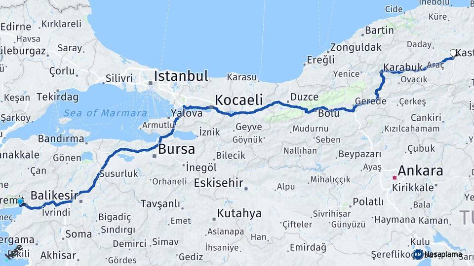 Balıkesir Edremit Akçay Kastamonu Arası Kaç Km - Yol Haritası