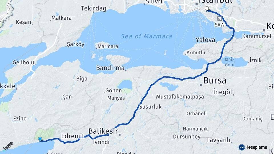 Balıkesir Edremit Altınoluk Ataşehir İstanbul Arası Kaç Km - Yol Haritası