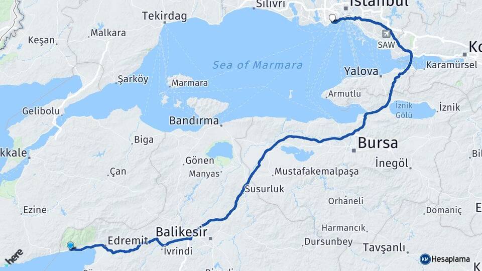 Balıkesir Edremit Altınoluk Bakırköy İstanbul Arası Kaç Km - Yol Haritası