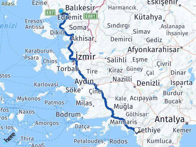 Balıkesir Edremit Altınoluk Fethiye Muğla Arası Kaç Km - Yol Haritası