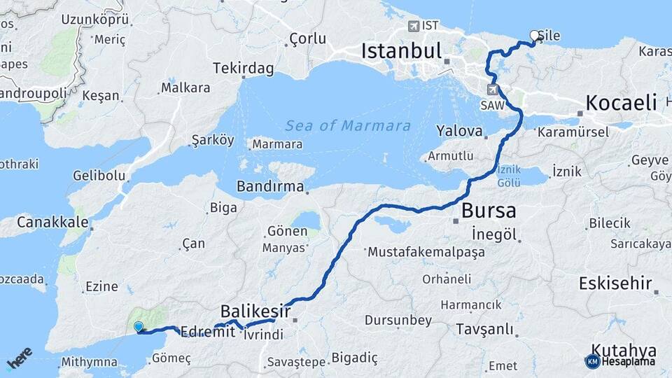 Balıkesir Edremit Altınoluk Şile İstanbul Arası Kaç Km - Yol Haritası
