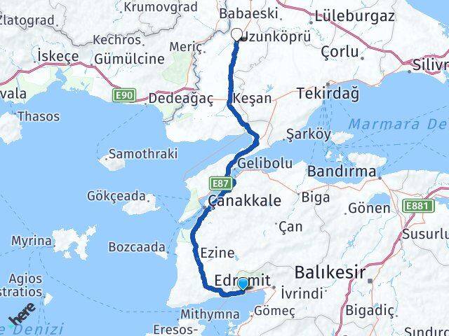 Balıkesir Edremit Altınoluk Uzunköprü Edirne Arası Kaç Km - Yol Haritası