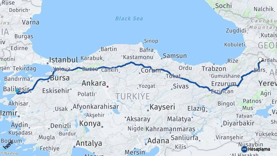 Balıkesir Edremit Ardahan Arası Kaç Km - Yol Haritası
