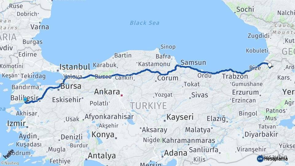 Balıkesir Edremit Artvin Arası Kaç Km - Yol Haritası