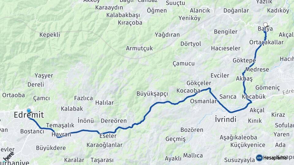 Balıkesir Edremit Balya Arası Kaç Km - Yol Haritası