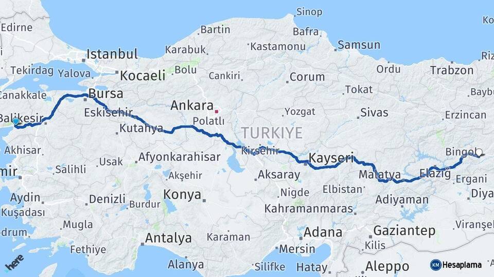 Balıkesir Edremit Bingöl Arası Kaç Km - Yol Haritası