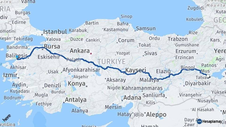 Balıkesir Edremit Bitlis Arası Kaç Km - Yol Haritası